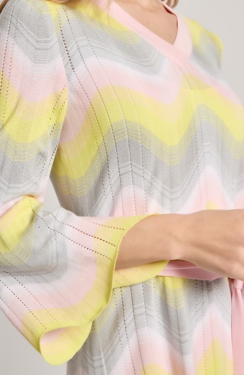 Ming Wang Chevron Pointelle Tie Waist Long Sleeve Dress, Alternate, color, 