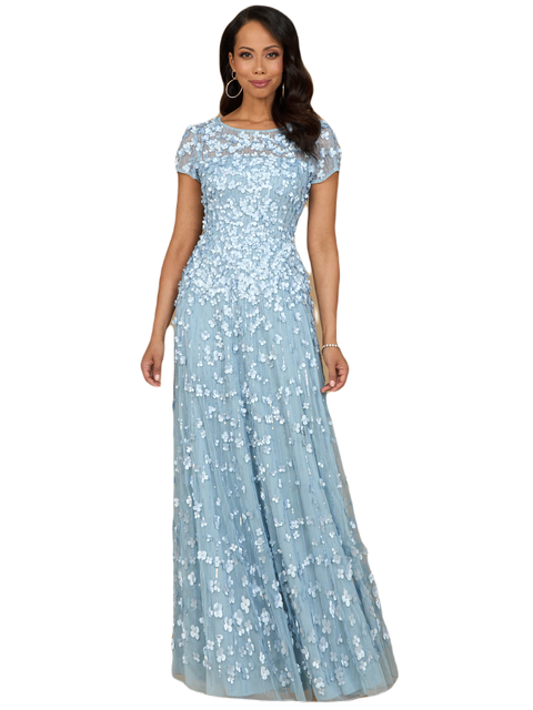 3D Floral Embellished Cap Sleeve Gown