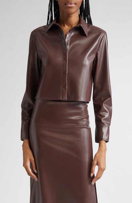 Alice + Olivia Leon Crop Faux Leather Button-Up Shirt