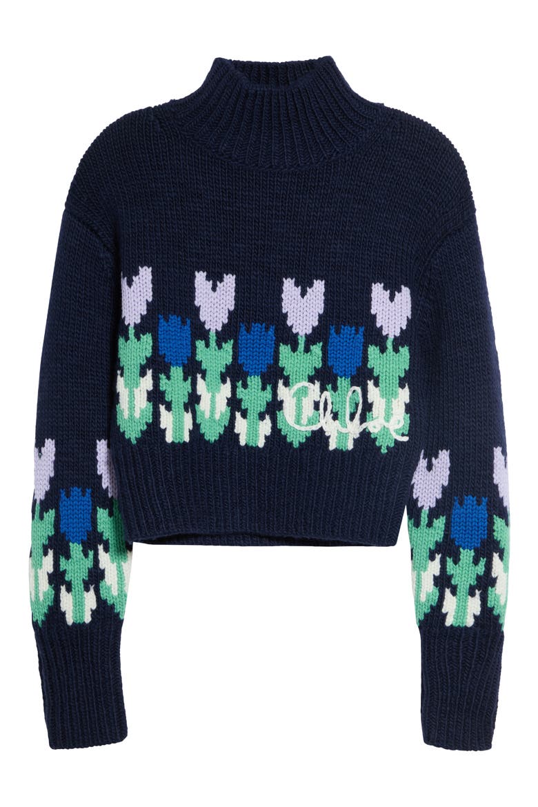 Graphic Floral Crop Wool Sweater, Alternate, color, DARK NAVY