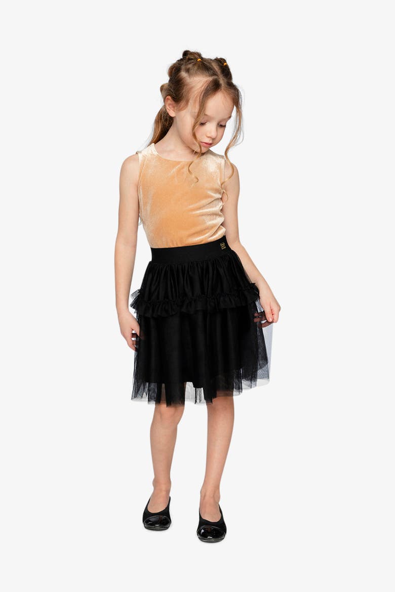 Bi-Material Sleeveless Tiered Mesh Ruffle Dress, Alternate, color, Beige and Black