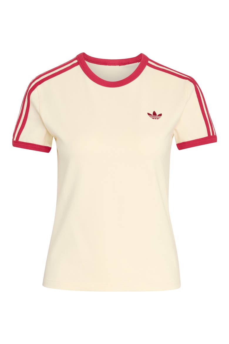 3-Stripes Slim Fit T-Shirt, Alternate, color, WARM VANILLA/ TEAM VICTORY RED