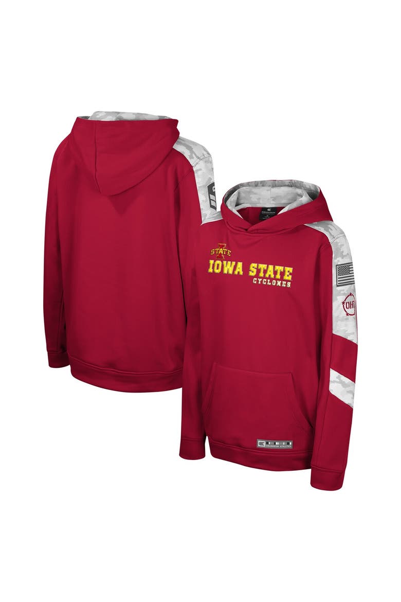 Youth Colosseum Cardinal Iowa State Cyclones OHT Military Appreciation Cyclone Digital Camo Pullover Hoodie, Alternate, color, Cardinal