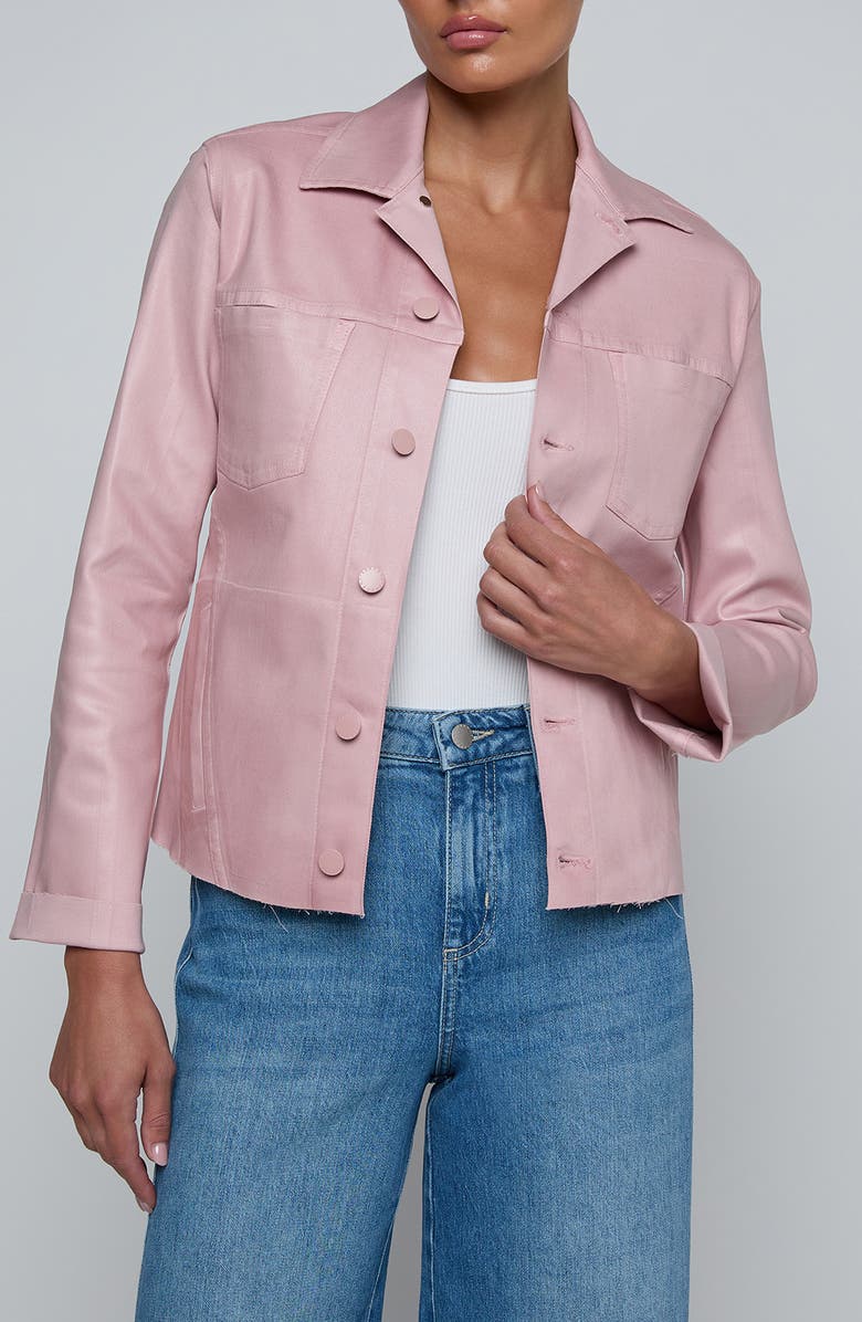 L'AGENCE Janelle Slim Fit Raw Hem Jacket, Main, color, Pale Rose Coated