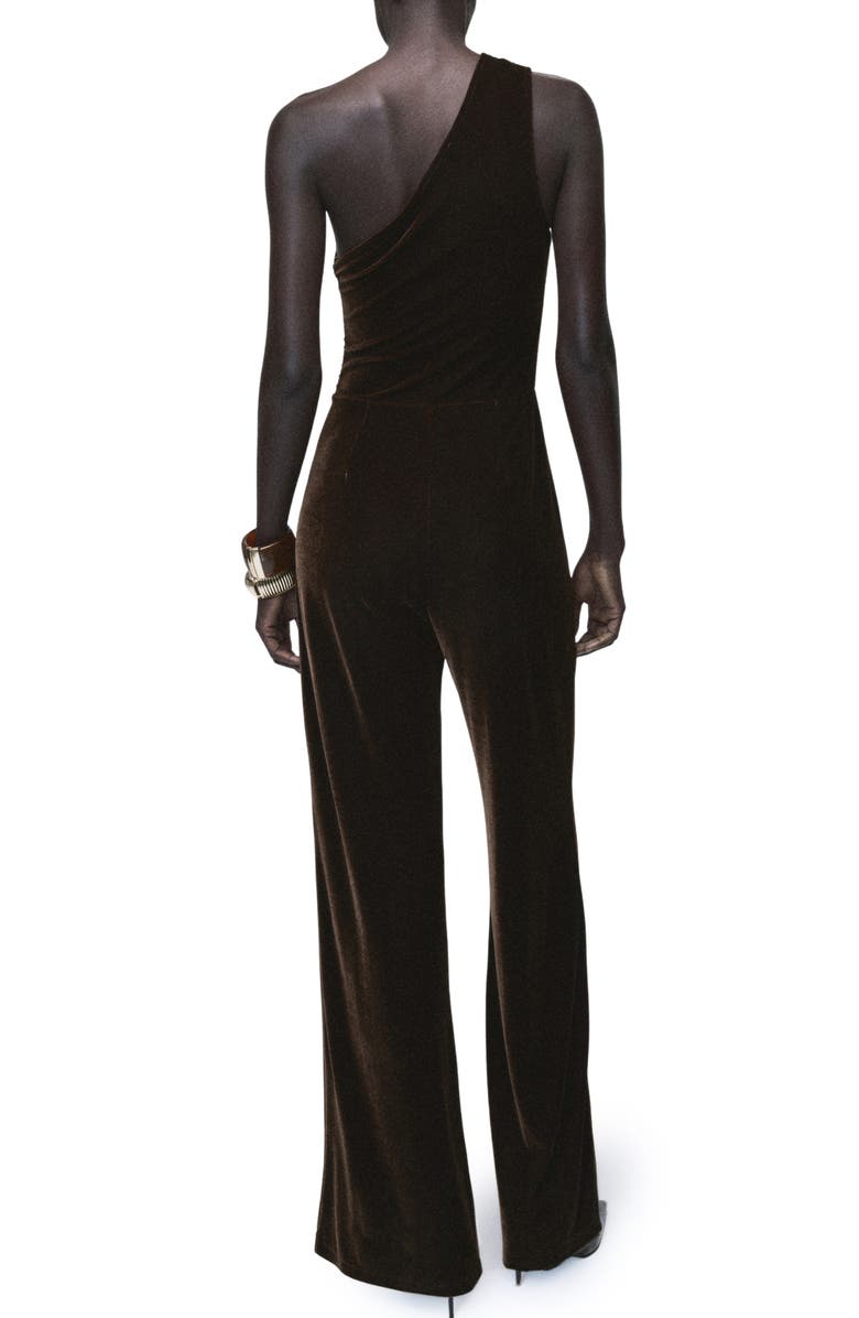 MANGO One-Shoulder Velvet Jumpsuit, Alternate, color, Brown