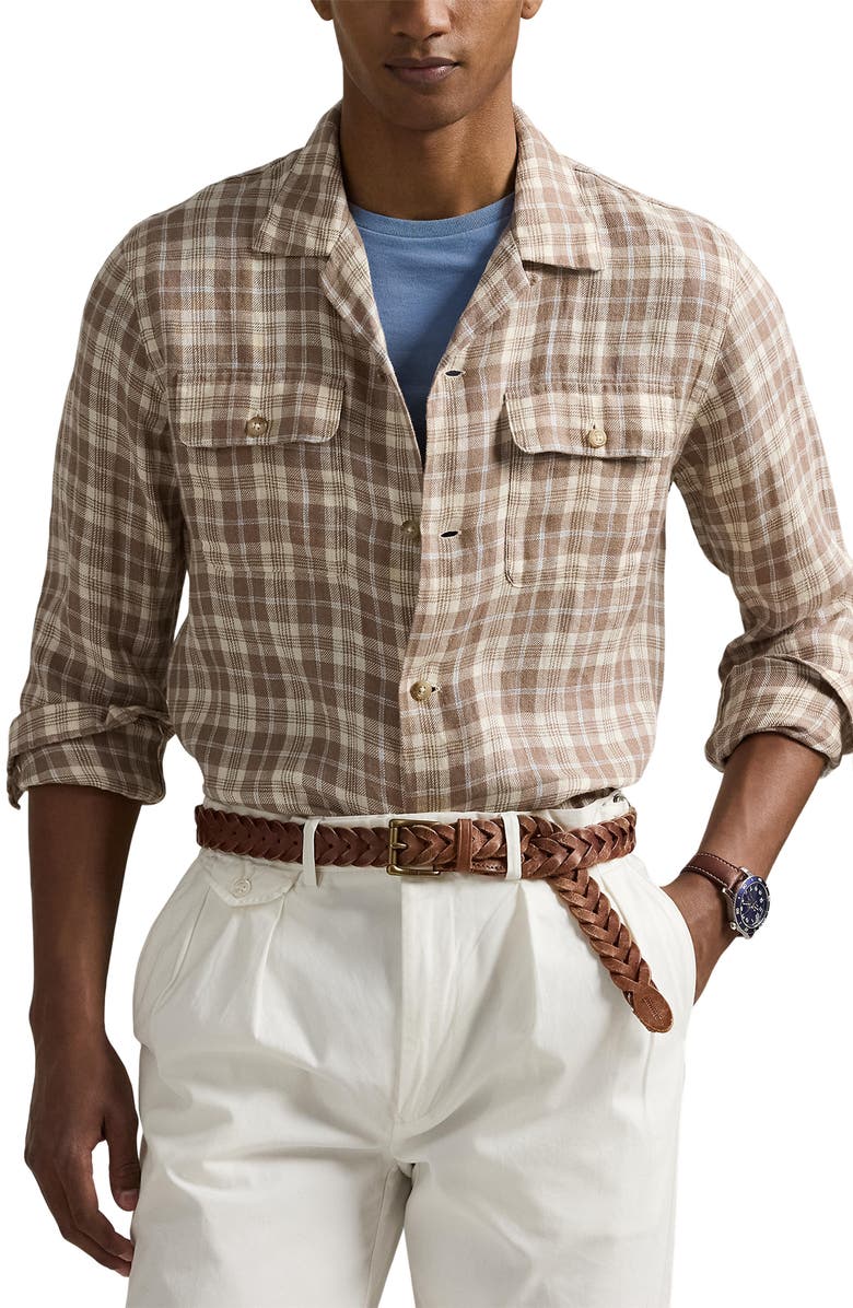 Polo Ralph Lauren Plaid Linen Classic Fit Long Sleeve Camp Shirt, Main, color, 