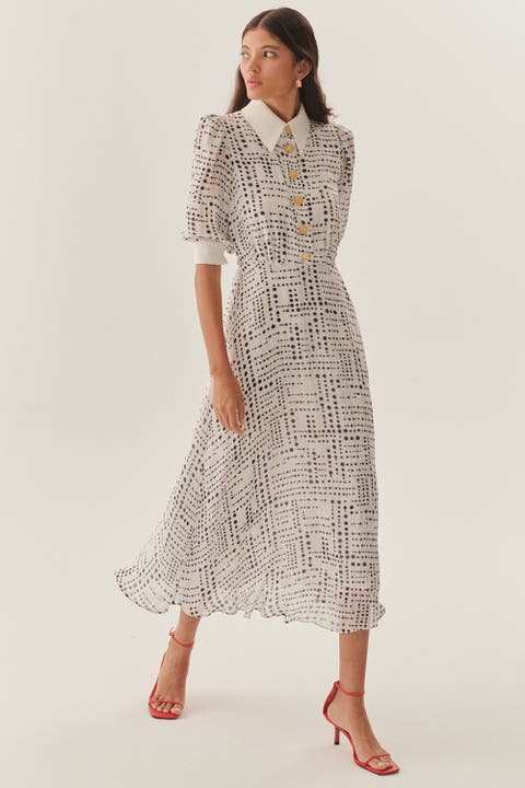 Contrast Collar Waist-Fitted Rayon Chiffon Patterned Dress