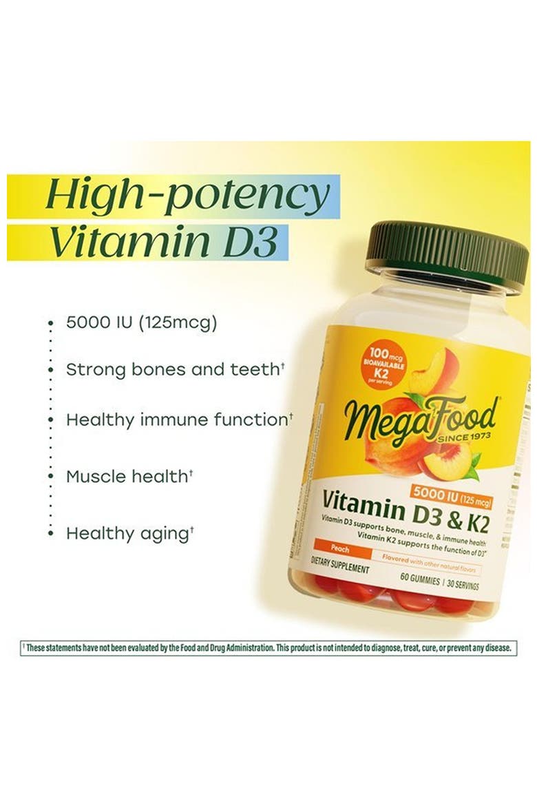 Vitamin D3 & K2 Gummies 5000 IU (125 mcg) Pectin Based, Vegetarian, 60 Peach Gummies, Alternate, color, None