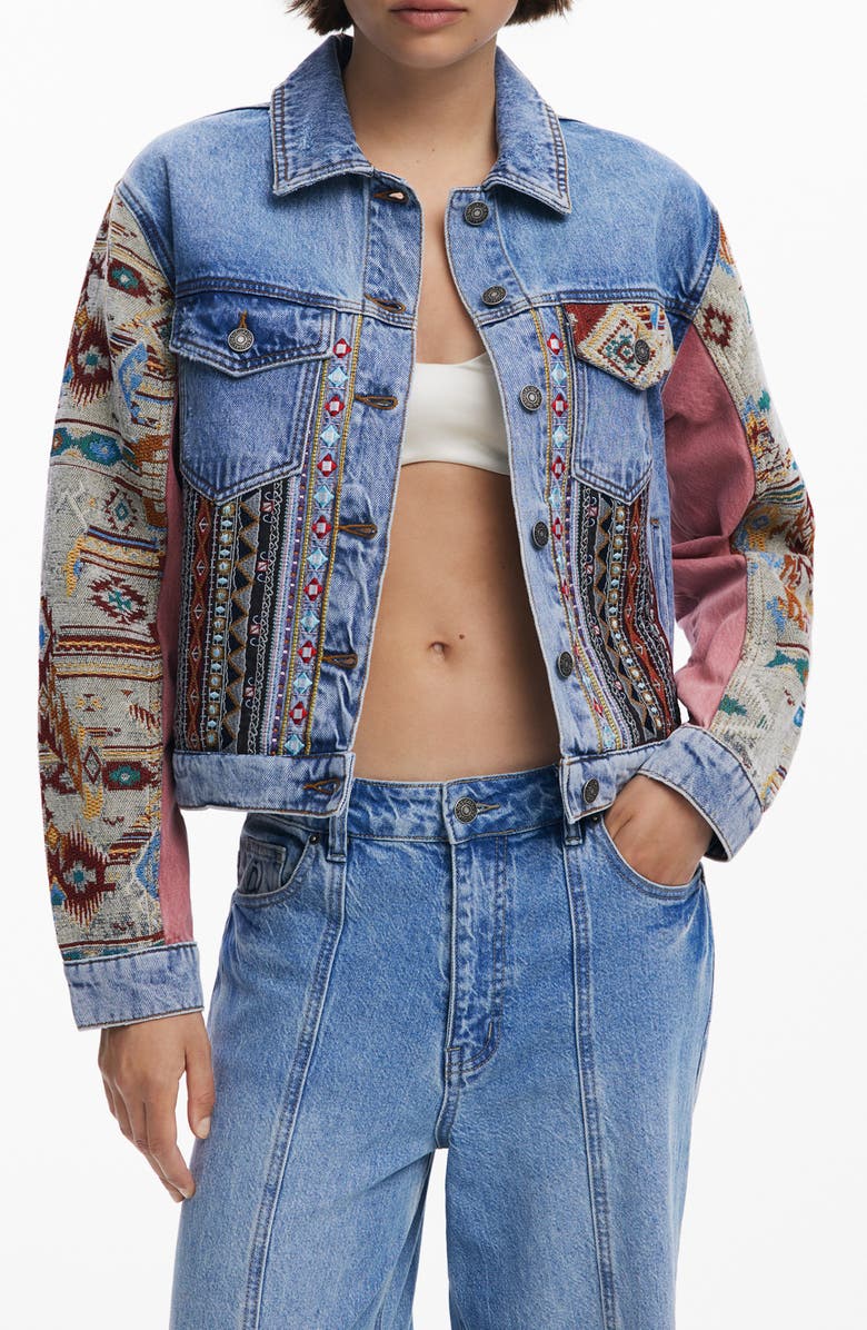 Desigual Embroidered Denim Trucker Jacket, Main, color, Medium Blue