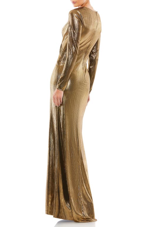 Mac Duggal Metallic Long Sleeve Asymmetrical Ruched Gown In Gold
