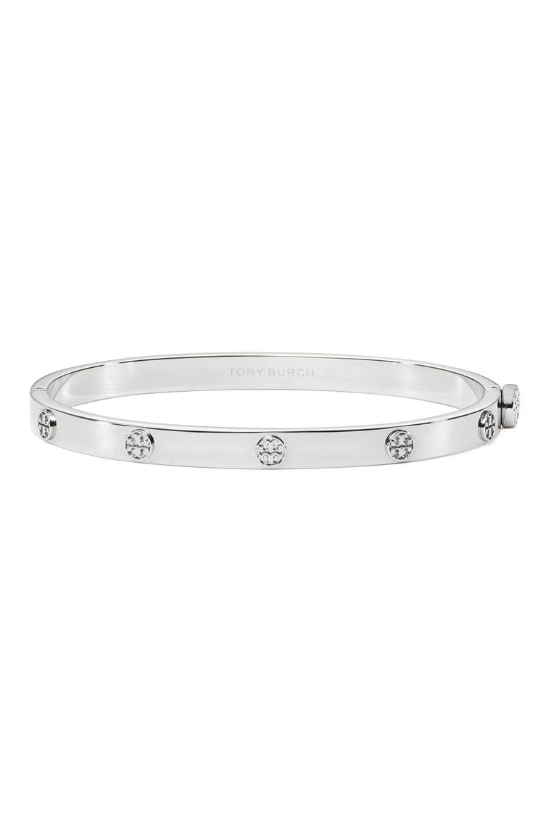 Thin Icon Hinge Bracelet, Main, color, TORY SILVER
