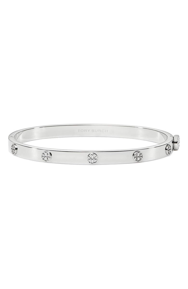 Tory Burch Thin Icon Hinge Bracelet, Main, color, Tory Silver
