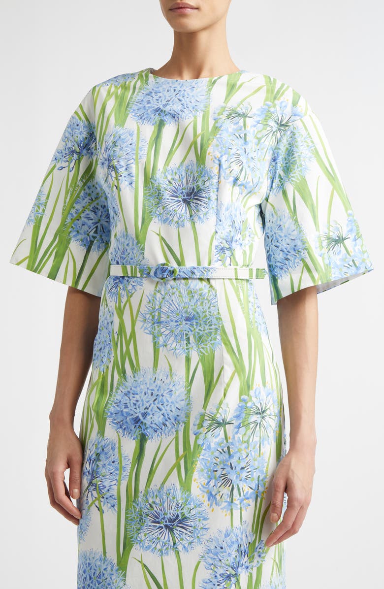 Oscar de la Renta Allium Cotton Stretch Poplin Belted Midi Dress, Alternate, color, Blue/ White
