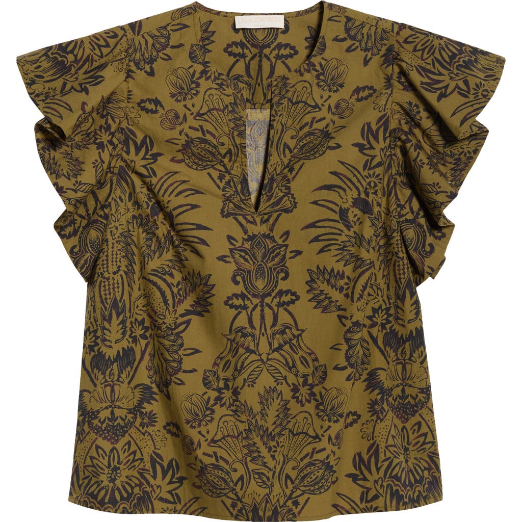 Ulla Johnson Severine Floral Cotton Flutter Sleeve Top In Green
