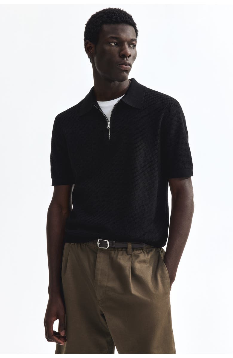 H&M Slim Fit Textured Polo Shirt, Main, color, Black