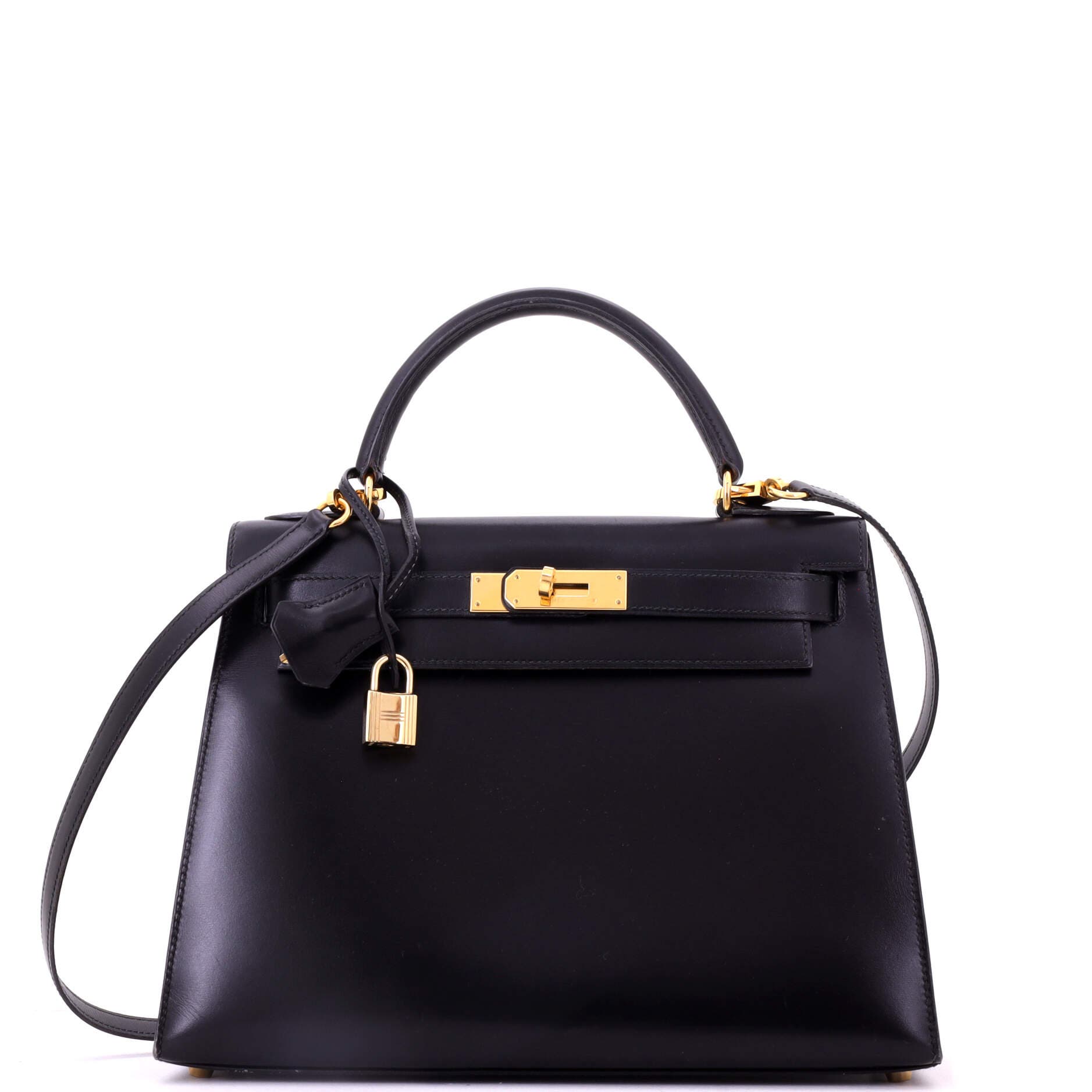 Pre-Owned Hermes Kelly Handbag Black Box Calf with Gold Hardware 28, Main, color, Noir