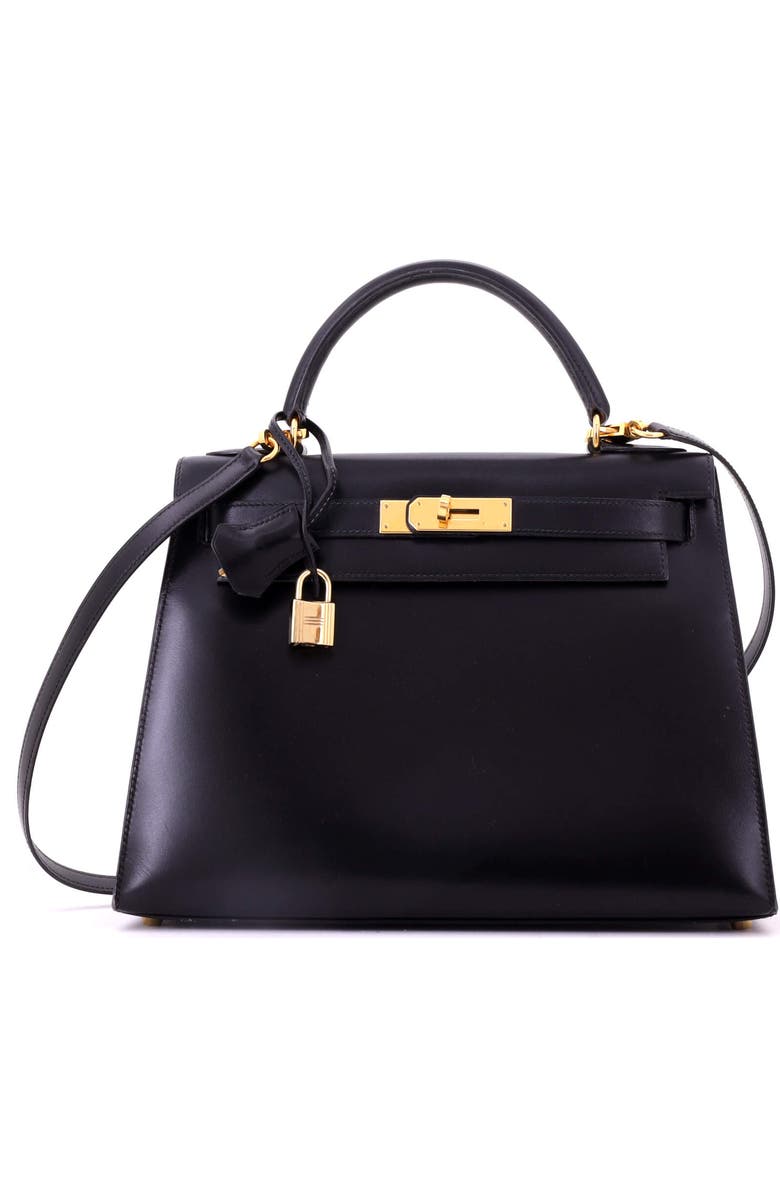 Pre-Owned Hermes Kelly Handbag Black Box Calf with Gold Hardware 28, Main, color, Noir