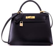 Pre-Owned Hermes Kelly Handbag Black Box Calf with Gold Hardware 28