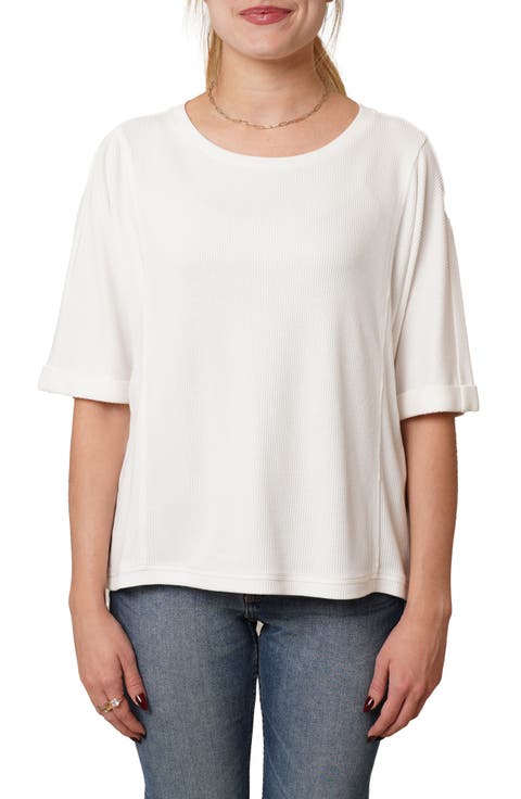 Crewneck Elbow Sleeve Waffle Knit Top