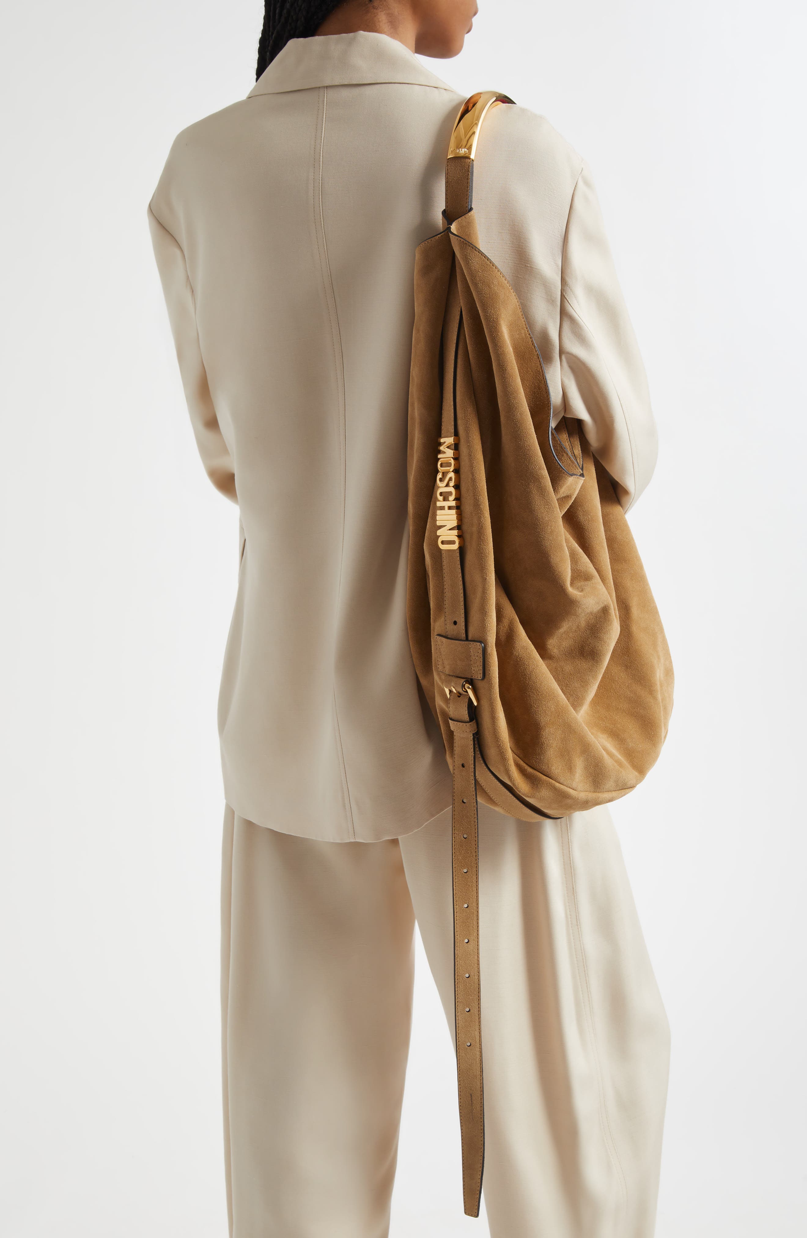 Moschino Handle Me Suede Hobo Bag, Alternate, color, Beige