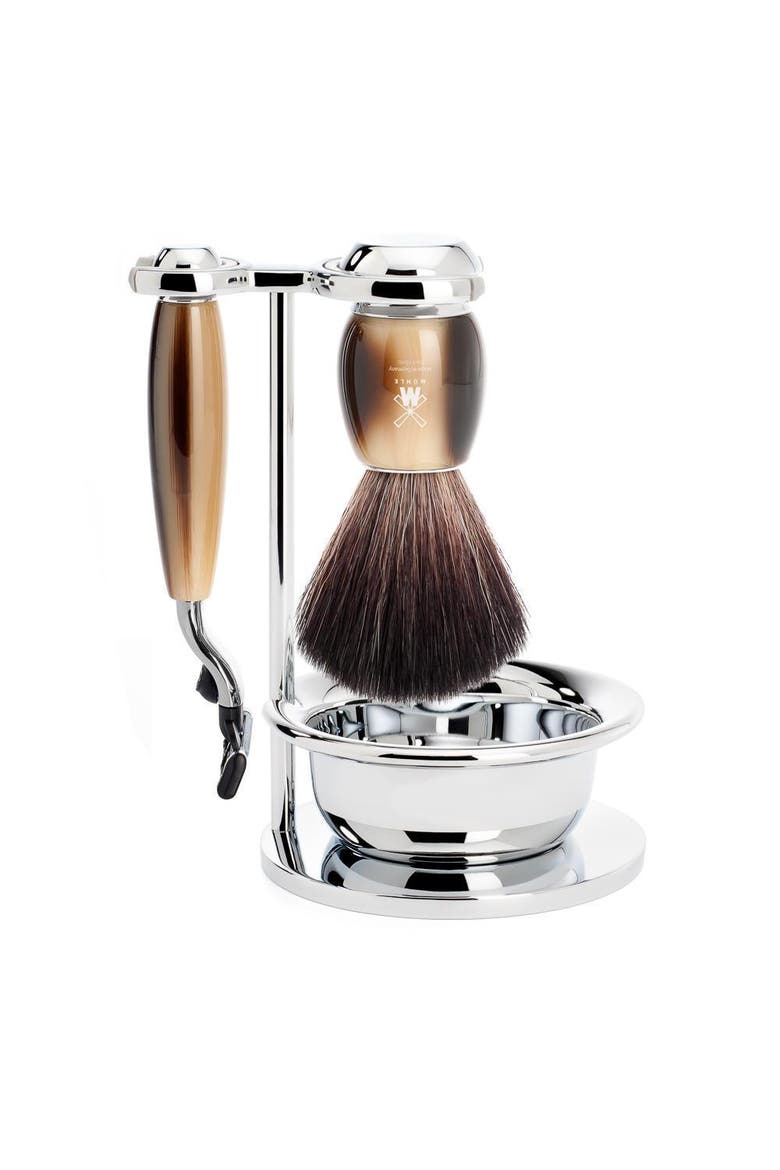 Vivo Brown Horn 4-Piece Black Fiber & Mach-3 Shaving Set, Main, color, Brown Horn