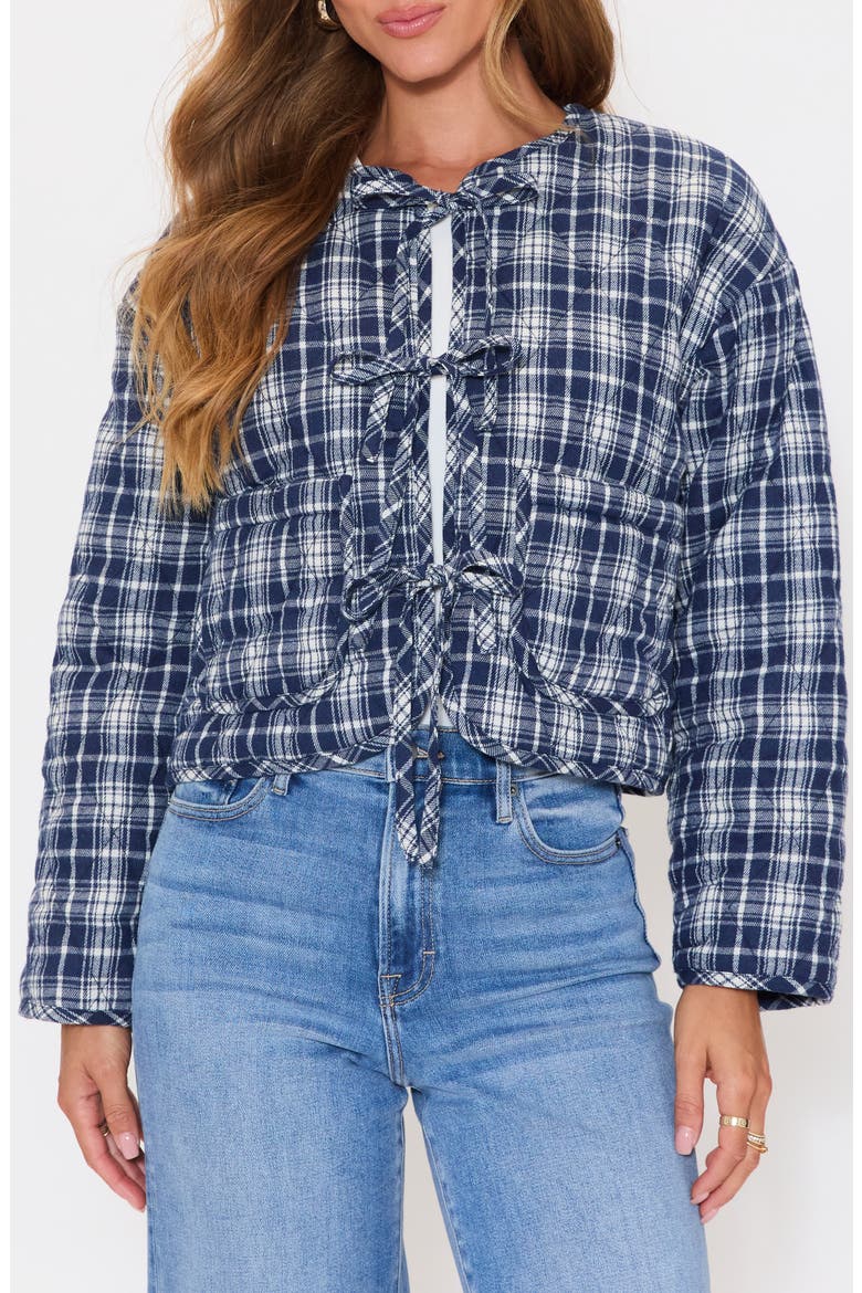 London Quilted Plaid Tie Front Jacket, Main, color, NAVY