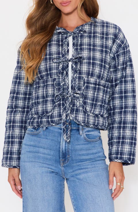 London Quilted Plaid Tie Front Jacket