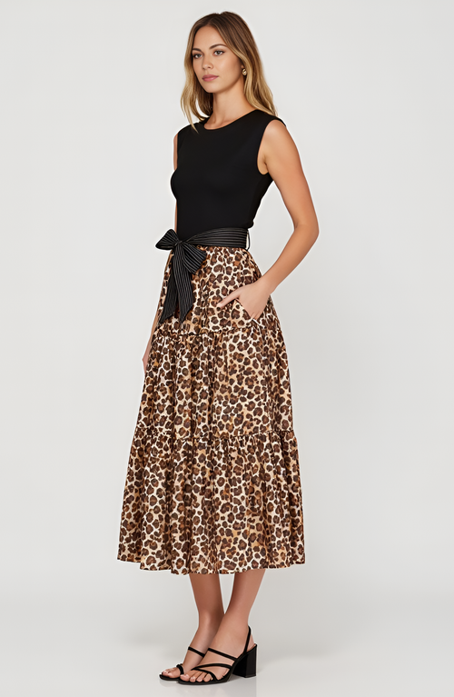 Modenaire Sleeveless Mixed-media Midi Dress With Contrast Waist Tie
