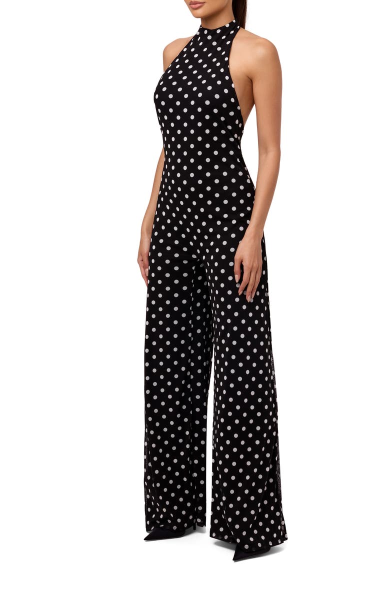 Naked Wardrobe Polka Dot Wide Leg Halter Jumpsuit, Alternate, color, Black White Polka Dot