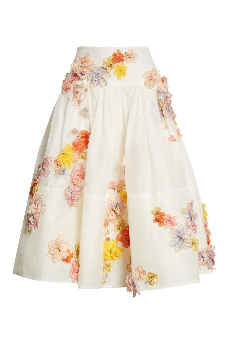 Postcard Floral Appliqué Linen & Silk Skirt, Alternate, color, IVORY