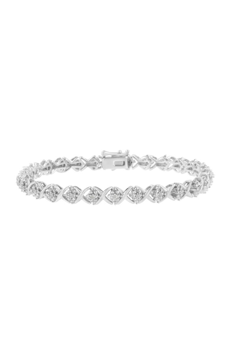 Haus of Brilliance Silver Round-Cut Diamond Accent Floral Cluster and "X" Link Bracelet, Main, color, White