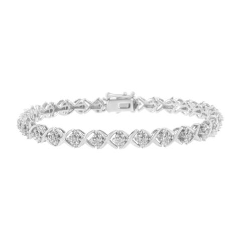 Silver Round-Cut Diamond Accent Floral Cluster and "X" Link Bracelet