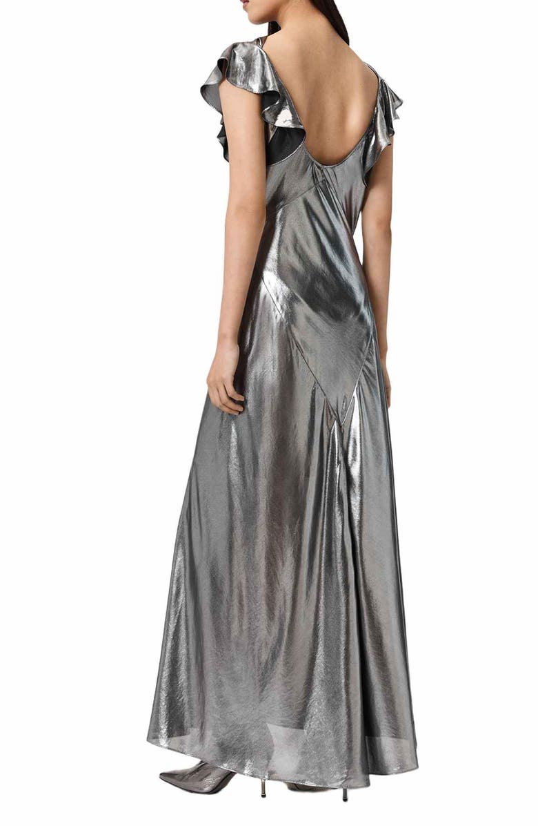 AllSaints Flora Metallic Cowl Neck Maxi Dress, Alternate, color, Metallic Silver
