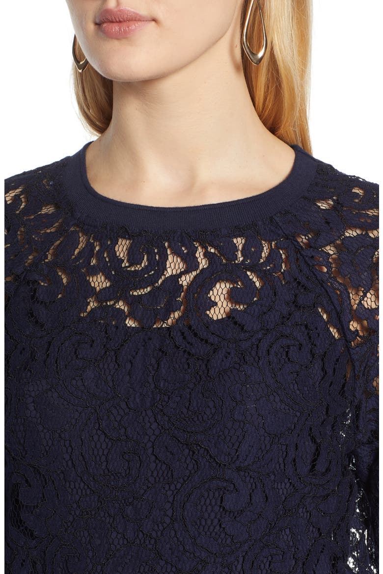 Rib Trim Lace Top, Alternate, color, NAVY