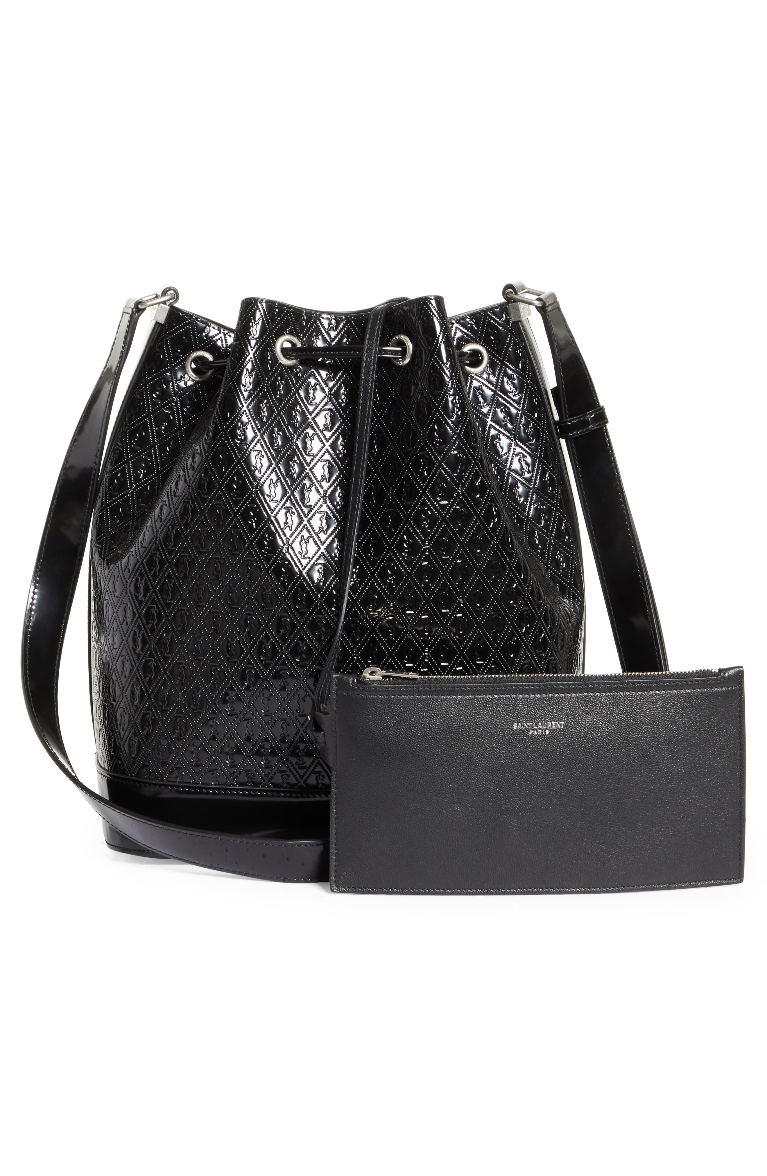 Saint Laurent Le Monogramme Logo Embossed Patent Leather Bucket Bag, Alternate, color, Noir