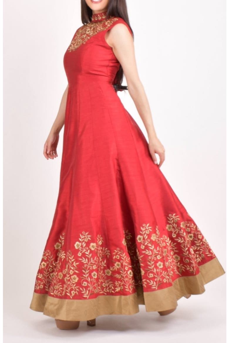 Embroidered Silk High Neck Gown, Alternate, color, Red