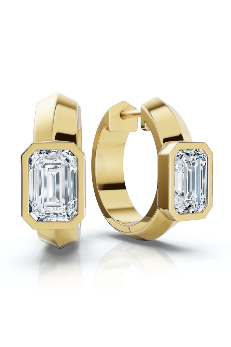 1 1/3Ct Emerald Cut Brava Bezel Diamond Hoops 5/8" Huggies 14k Gold Lab Grown, Main, color, 14k Yellow Gold