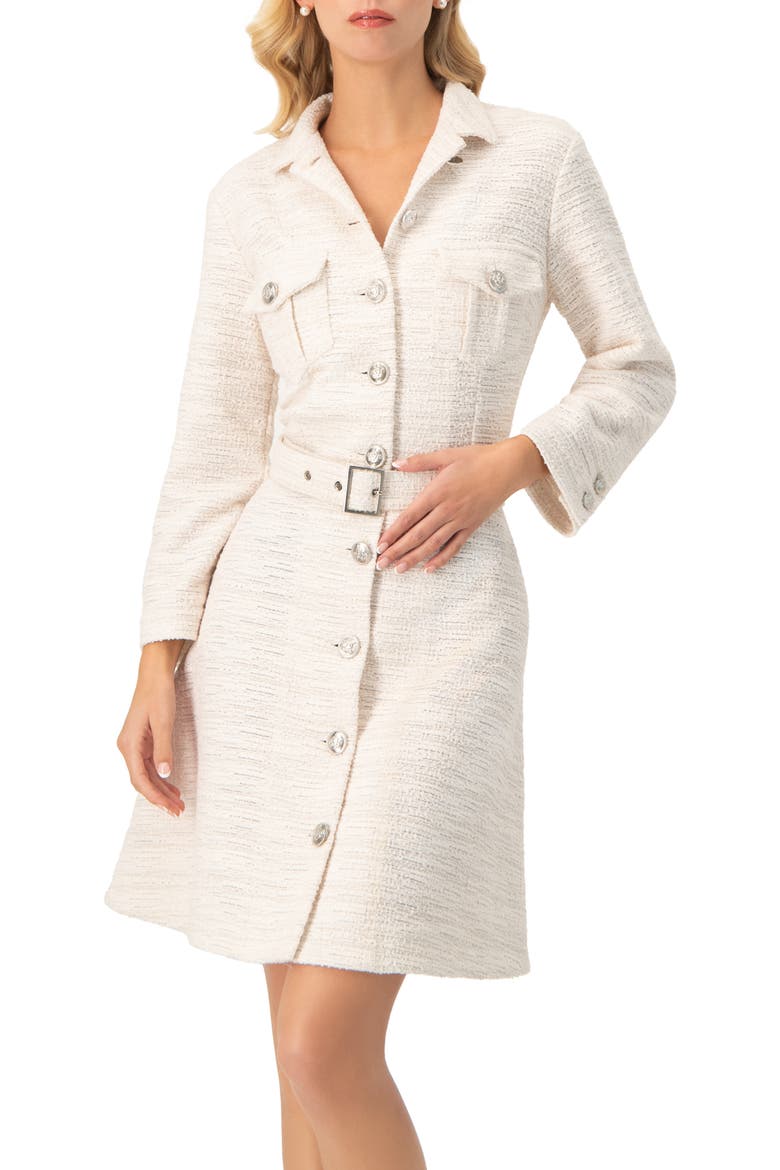 Tweed Belted Button Down Dress, Main, color, Natural