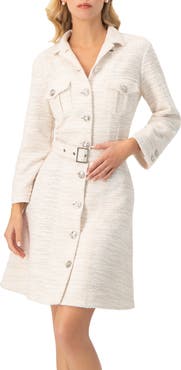 IVONNE Tweed Belted Button Down Dress