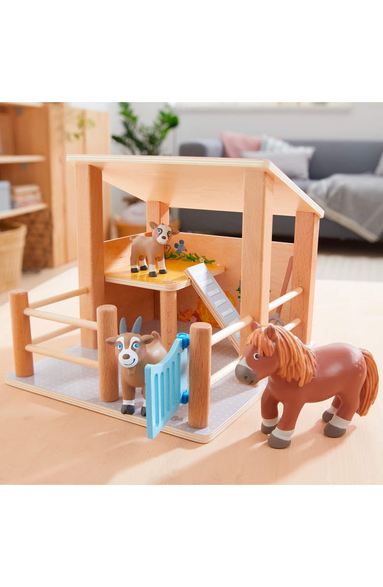 HABA Little Friends Petting Zoo - Wooden Stable with 3 Exclusive Farm Animal Figures, Alternate, color, 