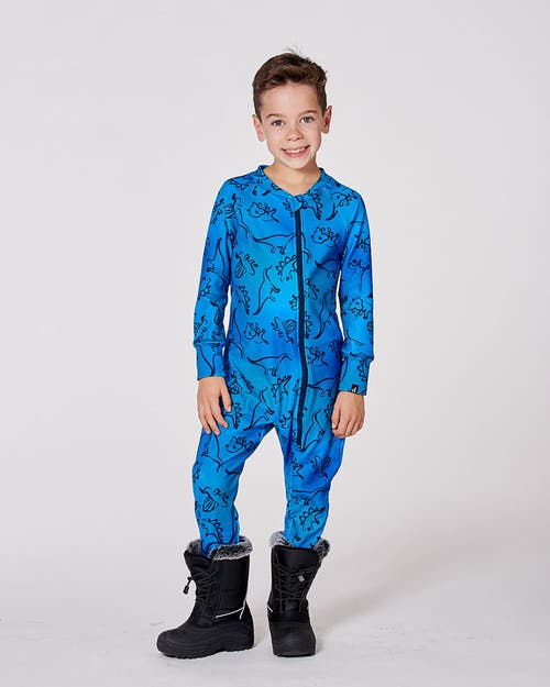Deux Par Deux One-piece Thermal Underwear Dinosaur In Blue