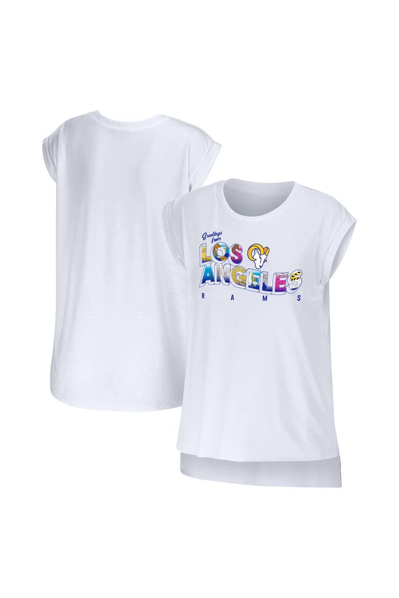 Women's WEAR by Erin Andrews White Los Angeles Rams Greetings From Muscle T-Shirt, Main, color, White