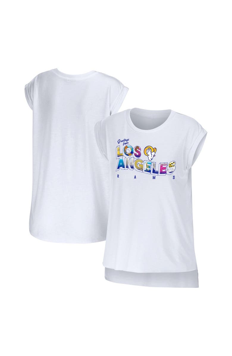 WEAR by Erin Andrews Women's WEAR by Erin Andrews White Los Angeles Rams Greetings From Muscle T-Shirt, Main, color, White