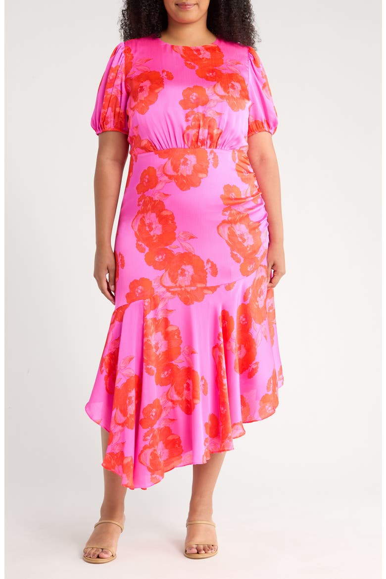 Lailah Floral Balboa Asymmetric Midi Dress, Main, color, MAGENTA RED