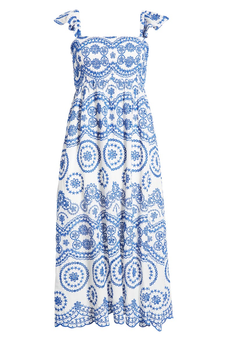 Embroidered Eyelet Smocked Sleeveless Maxi Sundress, Alternate, color, IVORY- BLUE