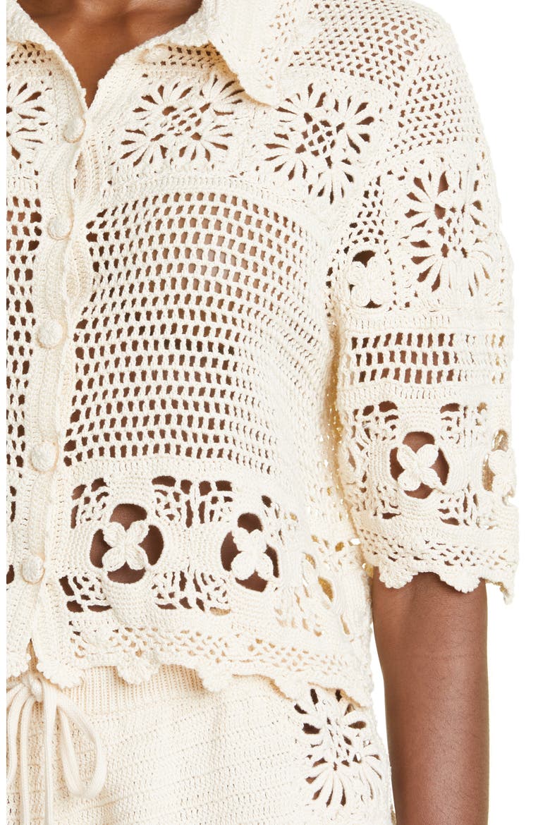 Cotton Crochet Crop Button-Up Shirt, Alternate, color, NATURAL
