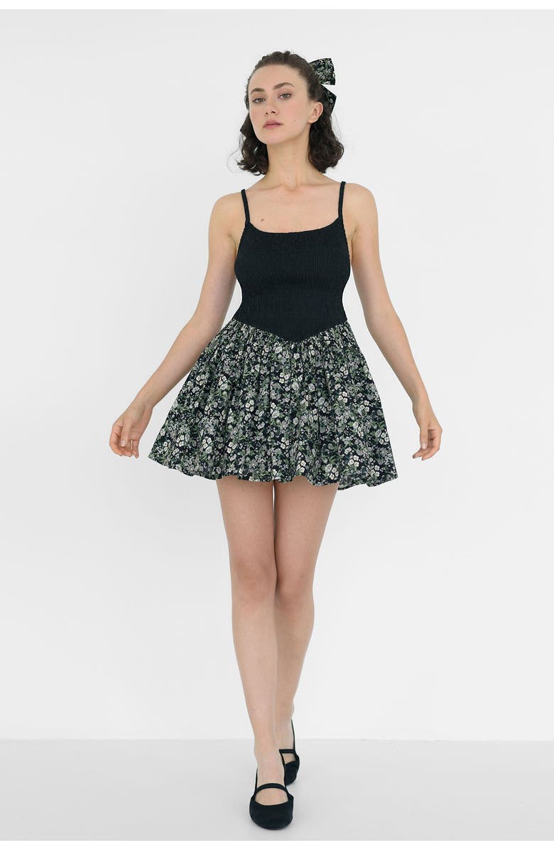 nuaje nuaje Bianca Smocked Ballerina Mini Dress, Main, color, Black & Floral