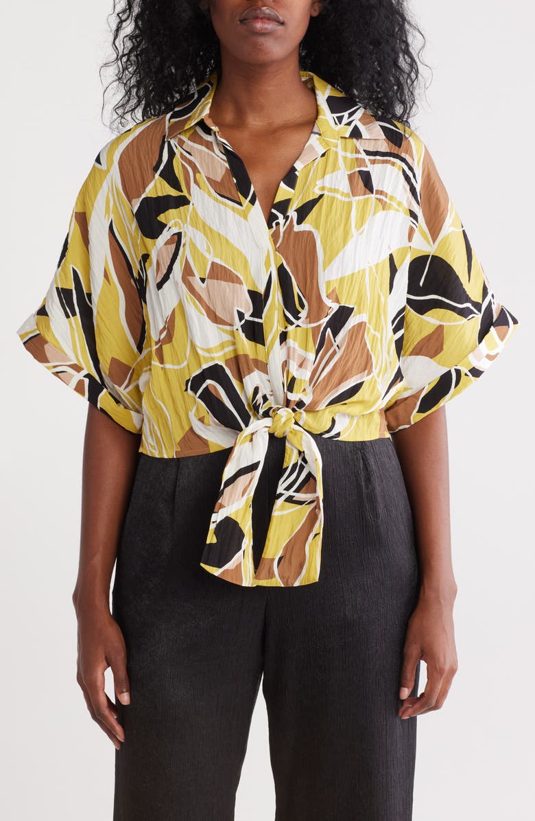 Pleione Front Tie Textured Popover Top, Main, color, Kiwi/ Taupe/ Bw Abstrct Patch