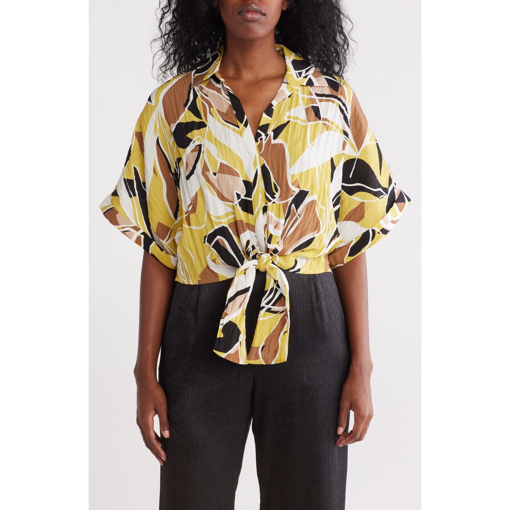Pleione Front Tie Textured Popover Top In Multi