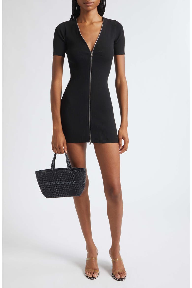 Zip Pointelle Rib Sweater Dress, Alternate, color, BLACK